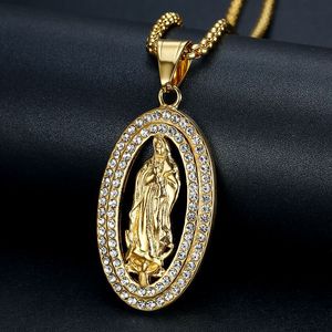 European American Hip Hop Pendant Necklace <b>Titanium</b> Steel Gold Plated Crystal Rhinestone Oval Religious Charm Unisex Everyday - Product Image 2