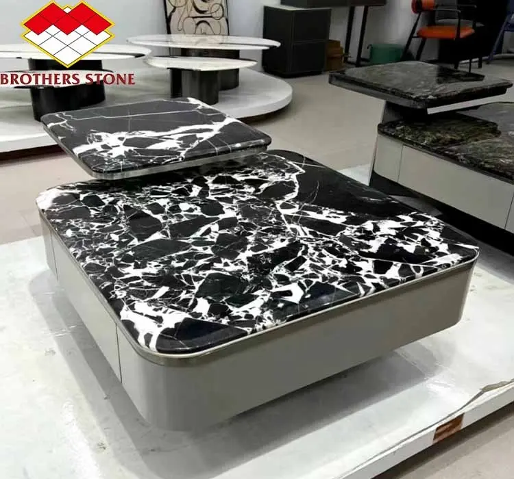 Modern Luxury Bvlgari Black Marble Tiles Polished Surface Big Slab for Dining Coffee Table Graphic Design Solution