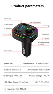 Transmisor FM Portátil de 12V 5.0 con Cargador de Coche G47, Manos Libres, Estéreo, USB Tipo-C, Carga Rápida, Reproductor <span class=keywords><strong>MP3</strong></span> - Product Image 5