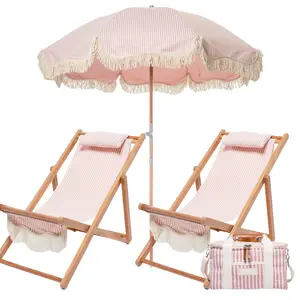 2024 Summer Travel Essentials Premium Wood UV 50+ Canvas Vintage Beach Umbrella with Fringes Tassels, Folding Chair, Cooler bag