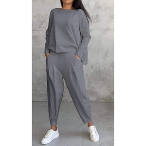 Solid Color Round Neck Long Sleeve Pocket Pants Women's Casual 2 Piece <b>Set</b> Fashion - Product Image 6