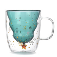 Tasse à café en verre borosilicaté double paroi créative de 300ml avec poignée Arbre de Noël en verre étoile souhait pour cadeau de Noël en gros