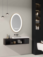 Cermin Kamar Mandi Oval Aluminium Kontemporer dengan Lampu LED Terang, Sensor Sentuh/Gerak, Desain Grafis, Suhu Warna 3000-6000K