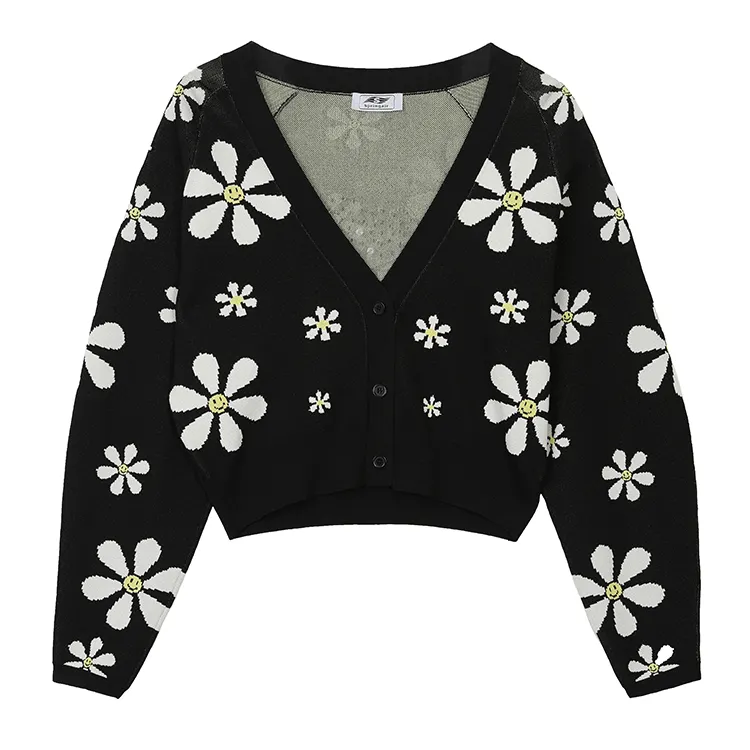 Китайский производитель на заказ 2022 симпатичный цветочный вязаный свитер кардиган хлопок вискоза Женский вязаный короткий топ вязаный свитер Intarsia