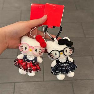 Sac à dos Hello Kitty en peluche avec pendentif, sac à lunettes mignon avec jupe à carreaux, poupée en tissu brodée pour filles, fonction de réconfort pour poupée - Product Image 1