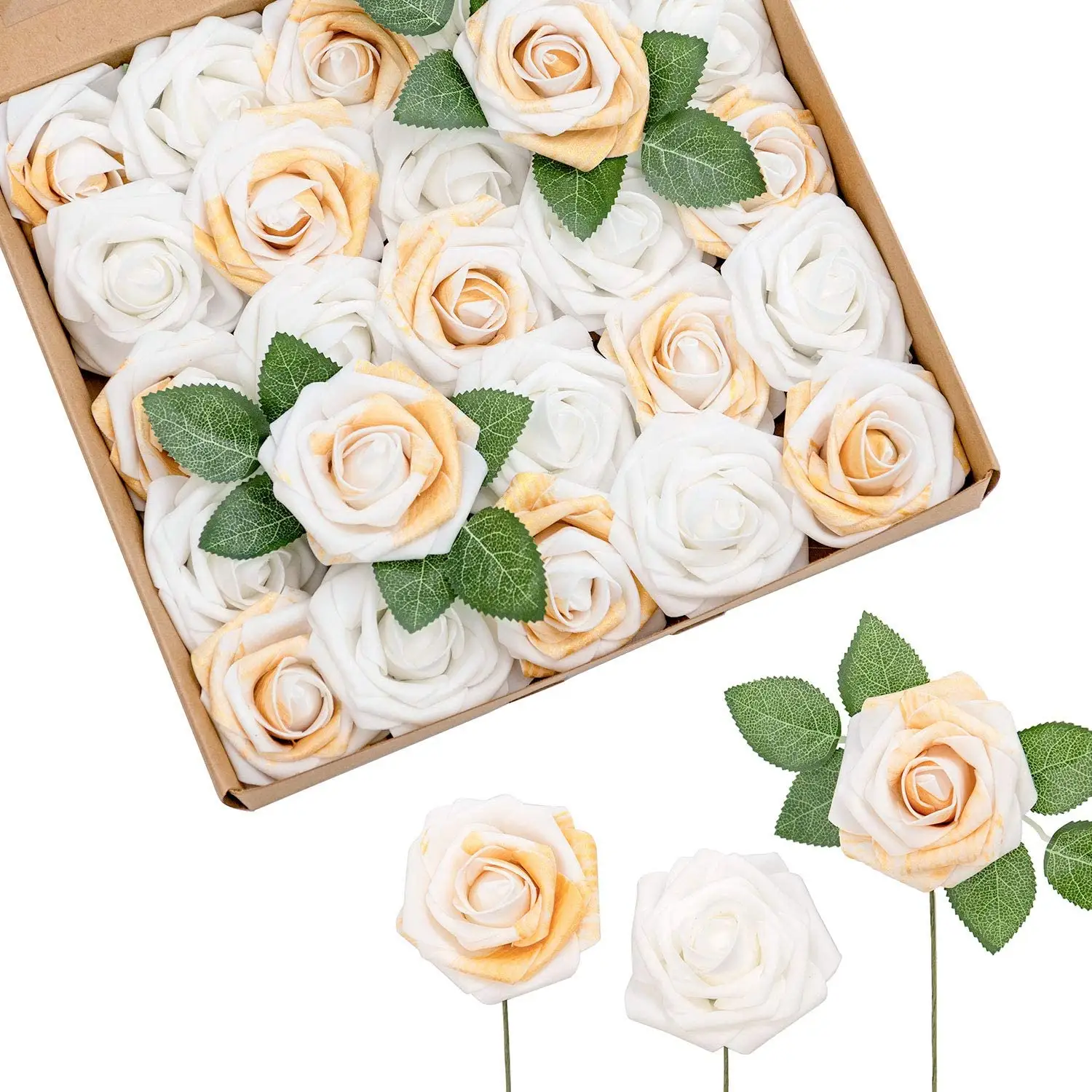 25PCS White & Gold artificial Roses Combo flower with Stem home Wedding Decor Centerpieces Arrangements Bouquets flowers
