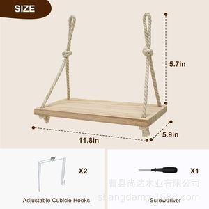 Wooden no-drill <b>floating</b> <b>shelf</b> for bedroom and living room, solid wood hemp rope, straight <b>shelf</b>, <b>wall</b> hanging rack - Product Image 5