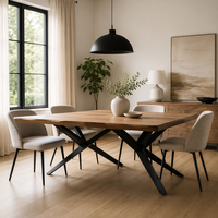 Table de salle à manger avec plateau en bois épais et pieds en métal croisés, style industriel pour usage domestique