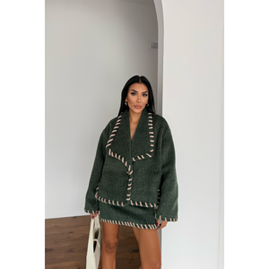 Conjunto Formal de 2 Piezas: Chaqueta Corta de Lana Verde con Cuello de Pastor y Falda Corta, Corte Holgado, Nueva Llegada - Product Image 6