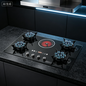 Table de cuisson à gaz 4 brûleurs + 1 plaque de cuisson électrique à gaz, dessus en verre trempé, plaque de cuisson en acier inoxydable pour usage domestique et hôtelier, encastrable et <span class=keywords><strong>portable</strong></span> - Product Image 2