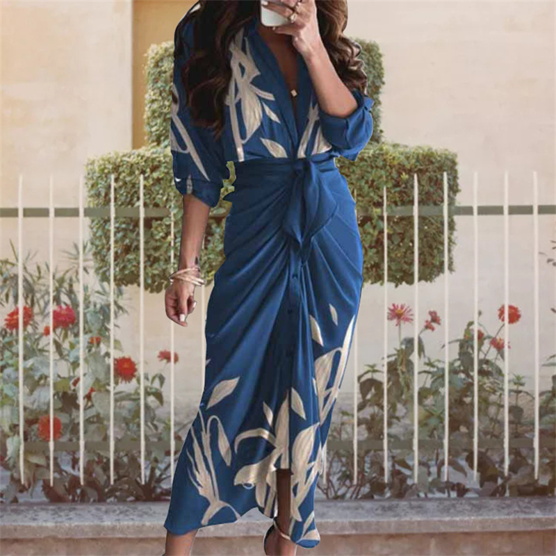 Women's fashion printed bandage party elegant office ladies shirt casual clothing long women dresses