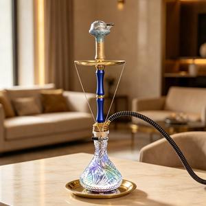 Blue Glass Hookah Modern Shisha Pipe Gold Tone Metal Base Clear Carved Bottle Lounge <b>Bar</b> Use - Product Image 4