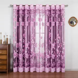 Wholesale Double Layer Luxury Fabric Embroidery Sheer and Purple Blackout Curtain