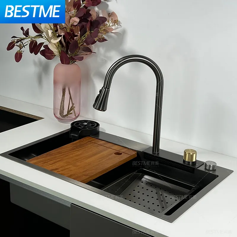 New Trends Stainless Steel Nano Black Kitchen Sink With Pull Down Faucet Undermount Waterfall Faucet Kitchen Sink Basin