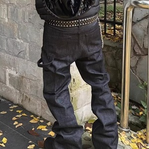 Pantalones Cargo de Mezclilla Vintage para Hombre, Corte Recto Ligeramente Acampanado, Holgados, Lavado Medio, Color Sólido, Cintura Media, Estilo Urbano - Product Image 5