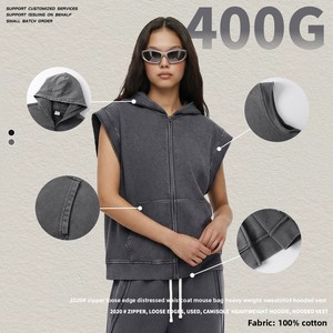 Gilet Vintage Unisex Senza Maniche con Cappuccio 400GSM Pesante, Zip, Bordo Grezzo, Effetto Invecchiato, Lavaggio Neve, Cotone, Stampa <span class=keywords><strong>Canguro</strong></span> - Product Image 5