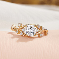 À la mode 14K 18K jaune or massif Moissanite feuilles anneau minuscules pierres précieuses bague de désherbage de fiançailles délicate