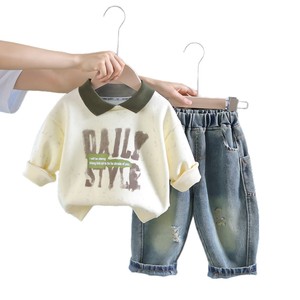 90 कपास की लंबी आस्तीन टी-ब्लू डेनिम पैंट सेट दैनिक स्टाइल प्रिंट शरद ऋतु आकस्मिक पोशाक - Product Image 5