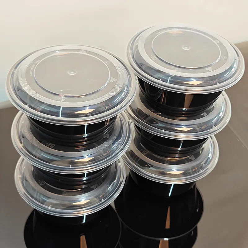 Tigela de plástico PP redonda preta de 37 onças segura para micro-ondas com tampa tigela de plástico descartável de 1100 ml recipiente para alimentos Pronto para enviar