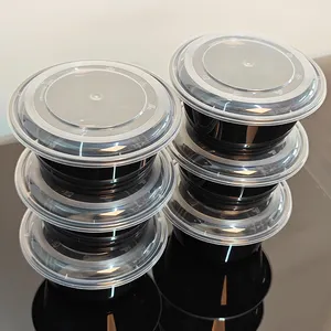 Pronto per la spedizione 37 OZ nero rotondo in plastica PP ciotola per microonde con coperchio monouso in plastica 1100ml contenitore per alimenti