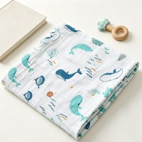 Gaze de coton froissée double couche à impression numérique personnalisée, motif baleine océanique, MOQ 1 pièce, couverture d'emmaillotage personnalisée, serviette de bain, housse de poussette