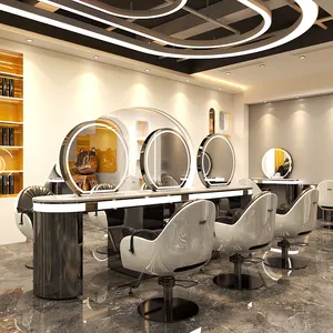 Modern Barber Hair Double Sided Styling Design in acciaio inossidabile stazioni di bellezza attrezzature trucco Led Salon Station con specchio