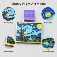 Medalla de metal esmaltado cuadrada OEM personalizada para pintura artística, diseño 2D 3D Noche Estrellada, premio de finalista de carrera virtual con cinta