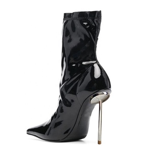 Metal Slim Heels Women Pointy Toe Ankle <b>Boots</b> High-Heeled Stiletto Shoes Short Bright Patent Dress Pumps - Product Image 3