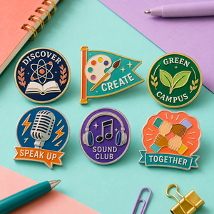 Juego de Insignias Metálicas Esmaltadas Personalizadas para Clubes Universitarios, para Eventos Estudiantiles con Temáticas de Música y Arte, Insignias de Aleación de Zinc Chapadas en Oro - Product Image 1