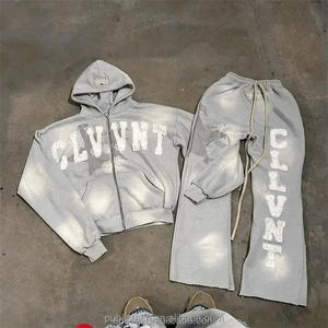 Ensemble de pantalons de survêtement évasés vintage surdimensionnés à capuche brodés et délavés à l'acide des fabricants Ensemble de survêtements unisexe - Product Image 1