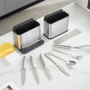 Stainless Steel Multi Purpose Chopstick Holder Knife <b>Rack</b> With Stand Rectangle Shape Brushed Silver <b>Draining</b> <b>Rack</b> Kitchen - Product Image 1