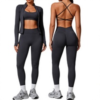 Ensemble de yoga sans couture 3 pièces pour femme, marque privée, avec leggings taille haute froncés aux fesses et veste zippée, tenue de sport et fitness OEM