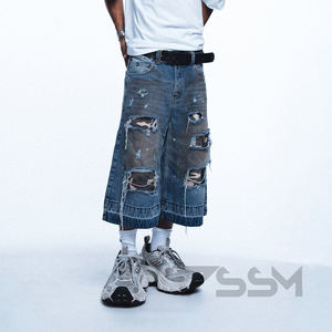 街装定制Y2K男士加大码复古复古水洗宽松迷彩补丁让·乔特撕裂仿旧脏牛仔短裤 - Product Image 4