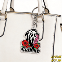 Call Me Ghost sleutelhanger schreeuwend masker met roze telefoon en rode bloemen acrylbedel voor sleutels, tassen, rugzakken