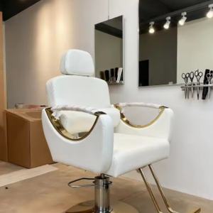 Nouvelle chaise de salon en métal électro-plaqué blanc, pour couper les cheveux, colorer les cheveux, rehausser les cheveux, simple, en cuir, peut être placée à l'envers, chaise de barbier - Product Image 2