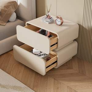 Table de chevet couleur crème en bois massif et cuir, table de nuit avec rangement, meubles de chambre à coucher, design moderne, petite taille - Product Image 3