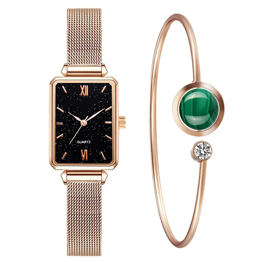 Fashion New Alloy Mesh Belt Small Green Trend Women's Square Head Steel Quartz Watch Female