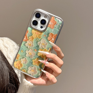 Green Oil Painting Flower Case for <b>iPhone</b> 16 Pro Max, for <b>iPhone</b> 17, 15/14, Silver Plated Resin Case - Product Image 5