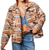 Chaqueta estilo retro americano occidental con estampado de caballo amarillo, holgada y casual. - Product Image 2