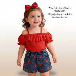 Set 3 Pezzi Nuovo Stile per <span class=keywords><strong>Bambina</strong></span> a Prezzo Ridotto, Maniche a Lanterna, Pantaloncini in Denim Ricamati, Completo Estivo per Ragazze - Product Image 1