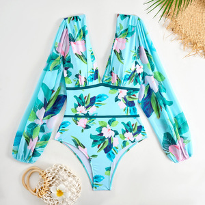 Maillot <span class=keywords><strong>de</strong></span> <span class=keywords><strong>bain</strong></span> une pièce <span class=keywords><strong>de</strong></span> luxe à manches longues avec imprimé floral et jupe, personnalisable, vente en gros, OEM, ODM, pour femme, tenue <span class=keywords><strong>de</strong></span> plage - Product Image 2