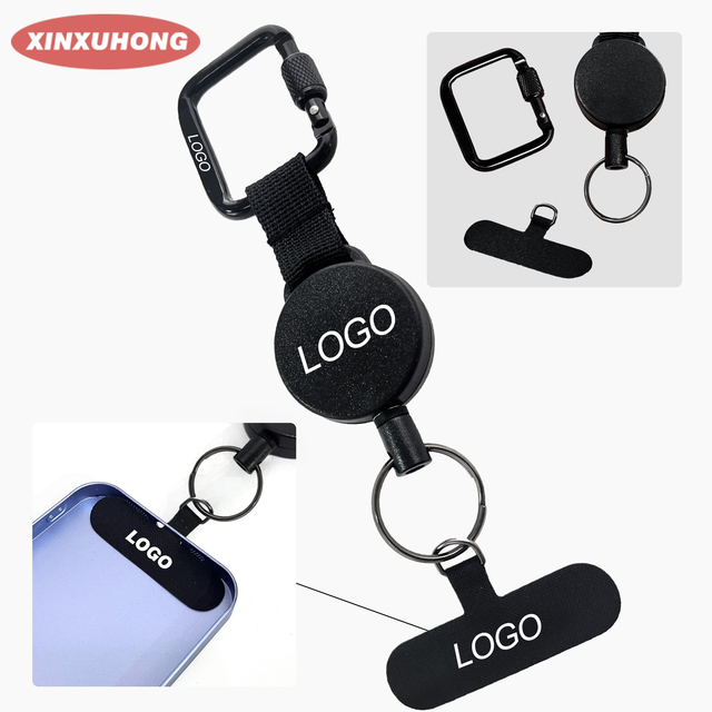 XXH-P045 4CM Black Outdoor Heavy-duty Retractable Badge Reel With Heavy-duty Carabiner Keychain Cell Phone Holder