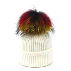 2024 Factory wholesale colorful raccoon fur knitted warm outdoor adult and children pom pom hats