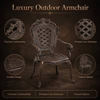 Fauteuil de jardin en aluminium moulé de haute qualité, style rétro orné, avec dossier ajouré, pour terrasse, cour et jardin.