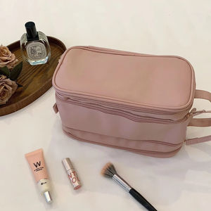 Sac de rangement cosmétique de voyage portable à grande capacité avec poignée souple à double fermeture éclair en PU imperméable à l'eau nouvelle mode transfrontalière - Product Image 1