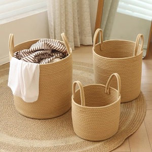 Hand Woven Cotton Laundry <b>Basket</b> Round With Handles Storage <b>Basket</b> For Clothing Organizer Khaki White - Product Image 1