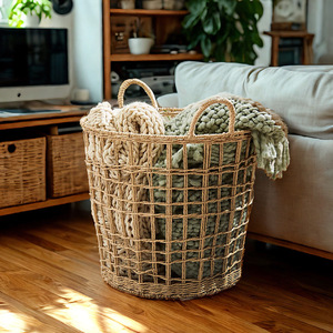 Woven Laundry <b>Basket</b> Round <b>Large</b> Capacity Clothes Organizer Lightweight <b>Storage</b> For Bedroom Bathroom Home Use - Product Image 2