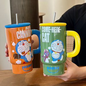 Zuo Mu Doraemon Ceramic <b>Cup</b> with Lid and Handle Large Capacity <b>Insulated</b> Straw <b>Cup</b> First-class Quality for Gift Spring 2025 - Product Image 2