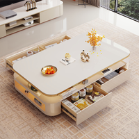 Ensemble de tables basses modernes et contemporaines durables avec rangement, plateau en pierre frittée, structure en bois, mobilier de salon