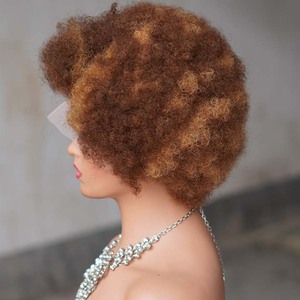Perruque sans colle en dentelle monofilament vierge vietnamienne HD, petits nœuds blanchis, mèches brunes claires/foncées, franges, coupes afro bouclées - Product Image 6